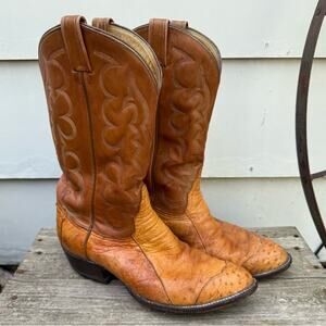 Vintage 70s Tony Lama Orange Ostrich Leather Cowboy Boots Black Label 10 EE 5012